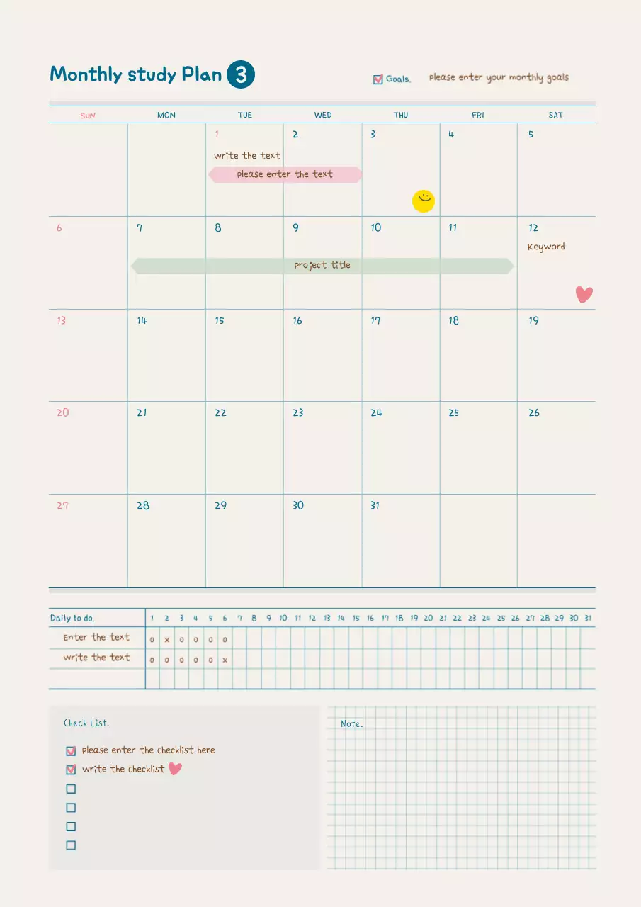 Monthly study plan in teal and brown