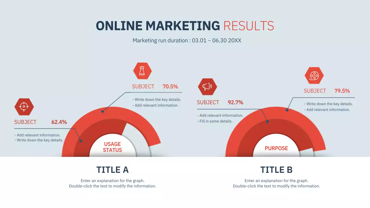 Gráfico de relatório de resultados operacionais de marketing online em azul-marinho e vermelho