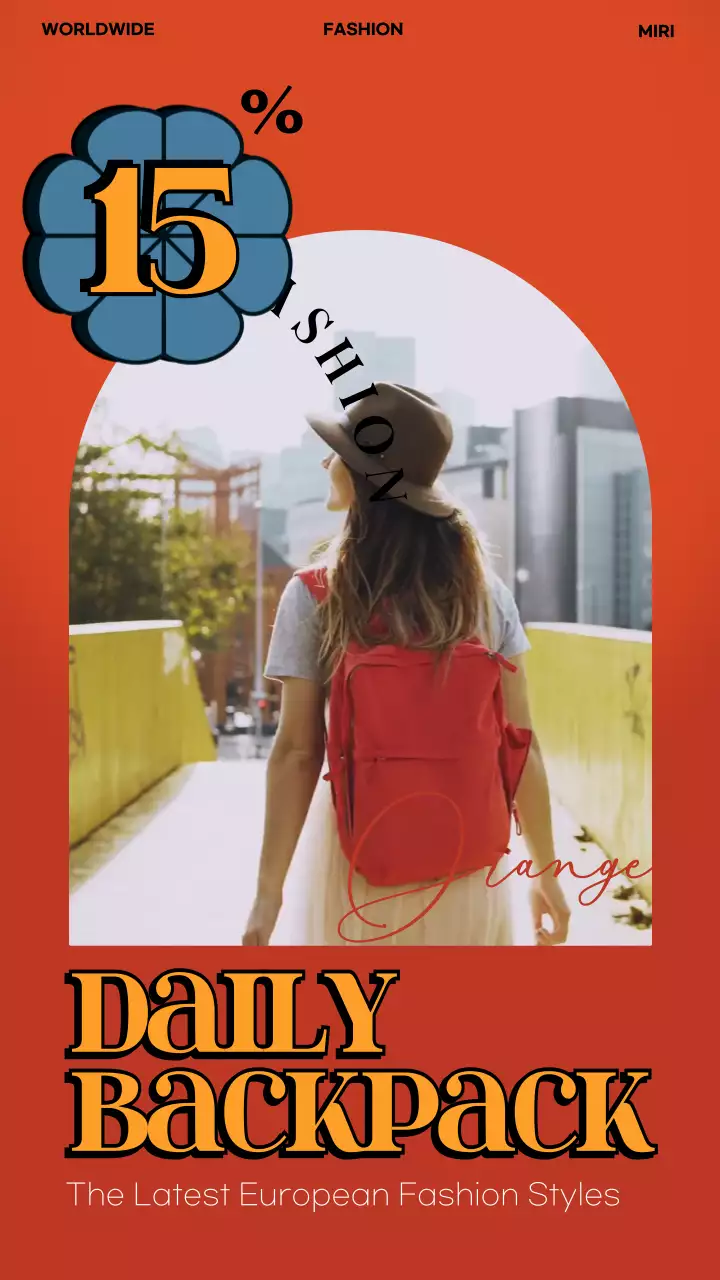 주황색의 파란 꽃이 있는 심플한 브랜드 가방 광고