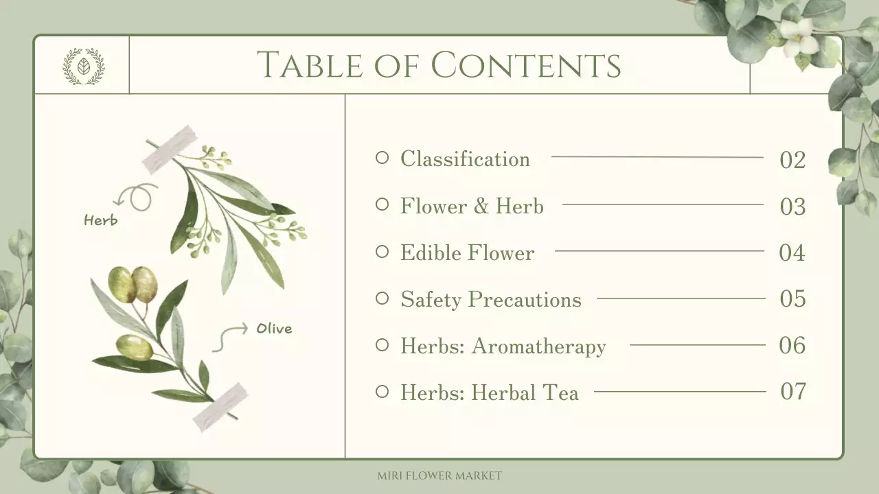 Edible flower and herb trivia with a green, sentimental watercolor illustration theme