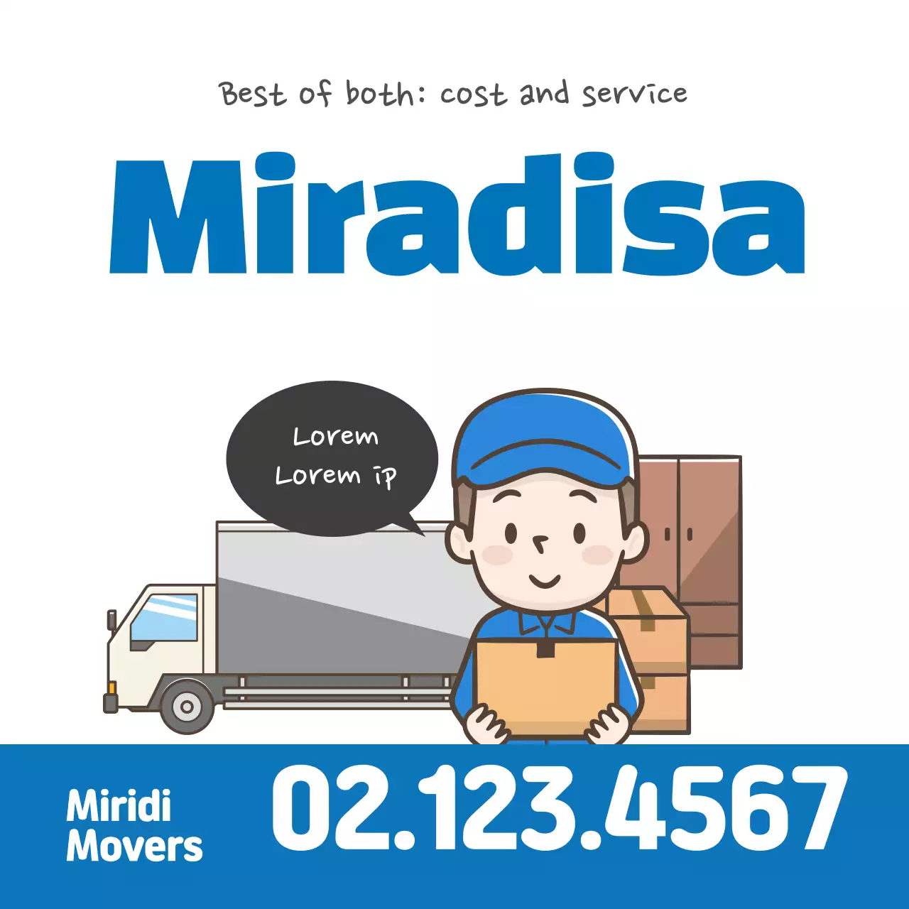 Ilustrasi berwarna biru yang mempromosikan jasa pindahan yang rapi