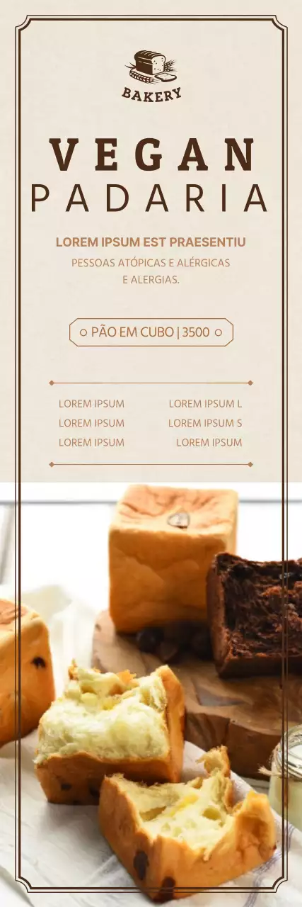 Menu de sobremesa de padaria vegan com ênfase na imagem bege