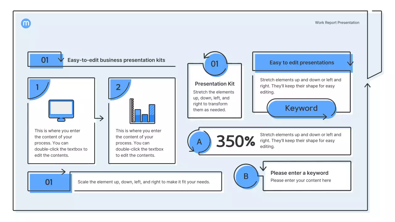 Point shapes with light blue arrows business presentation kit