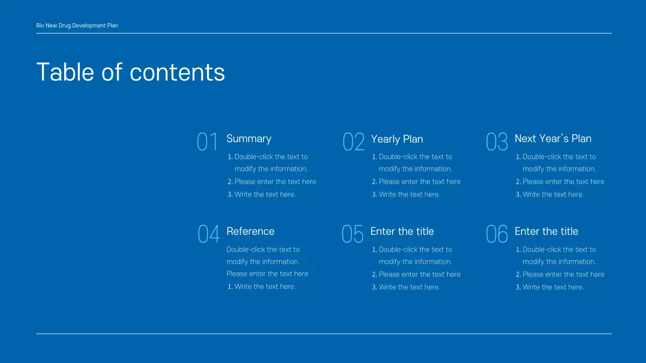 A clean, blue-toned drug development business plan for a pharmaceutical company.
