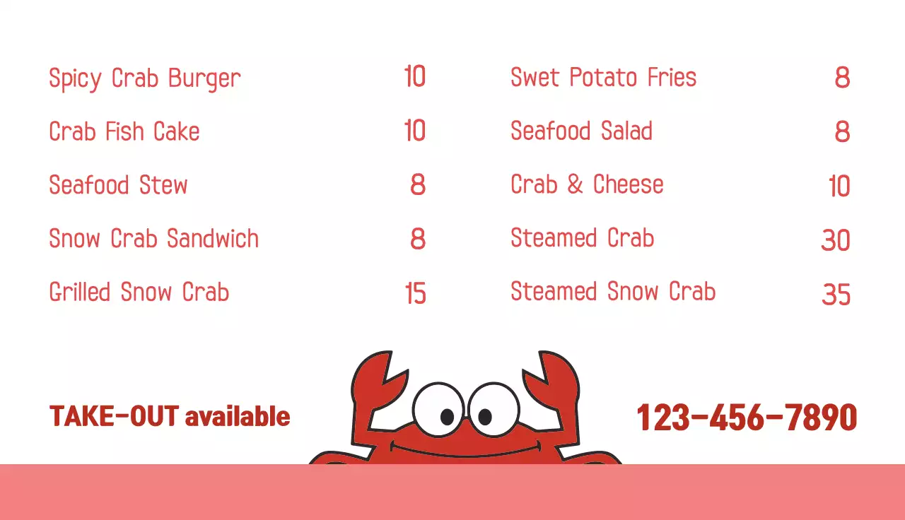 Red Simple Seafood Menu Business Card