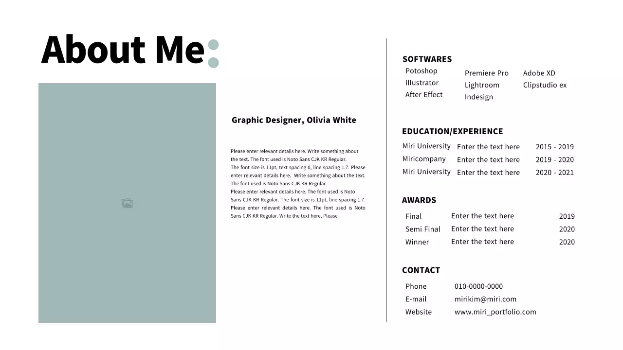 Portfolio with a mint-colored clean layout