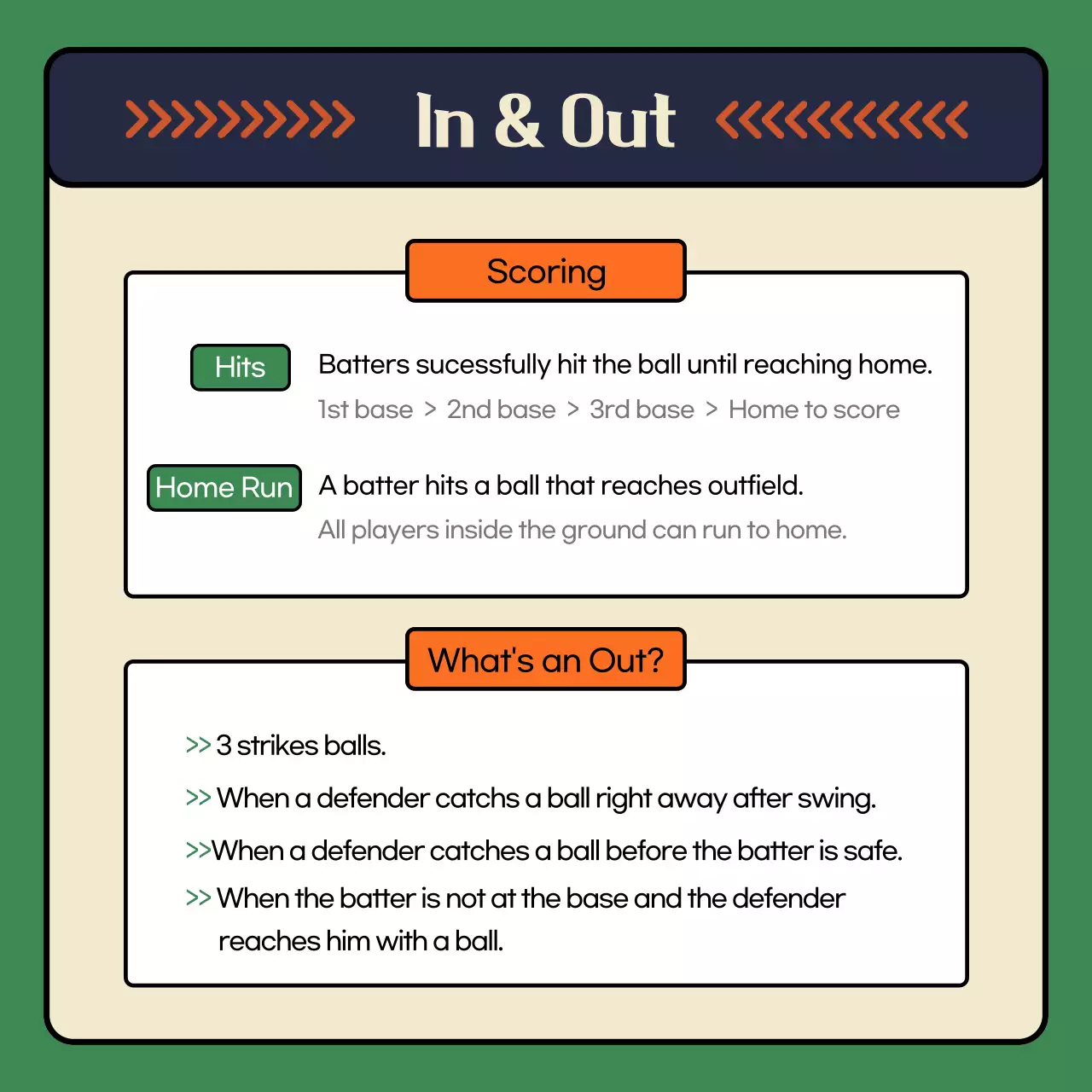 Baseball common sense manual in ivory and orange green