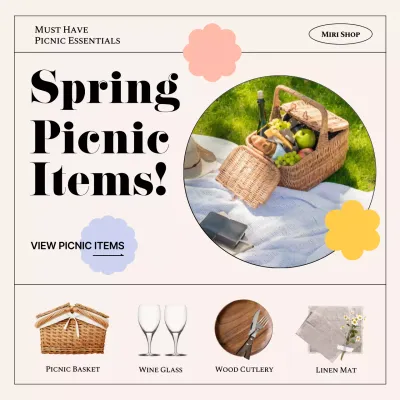 A collection of spring picnic sets with pastel, frame-accented colors