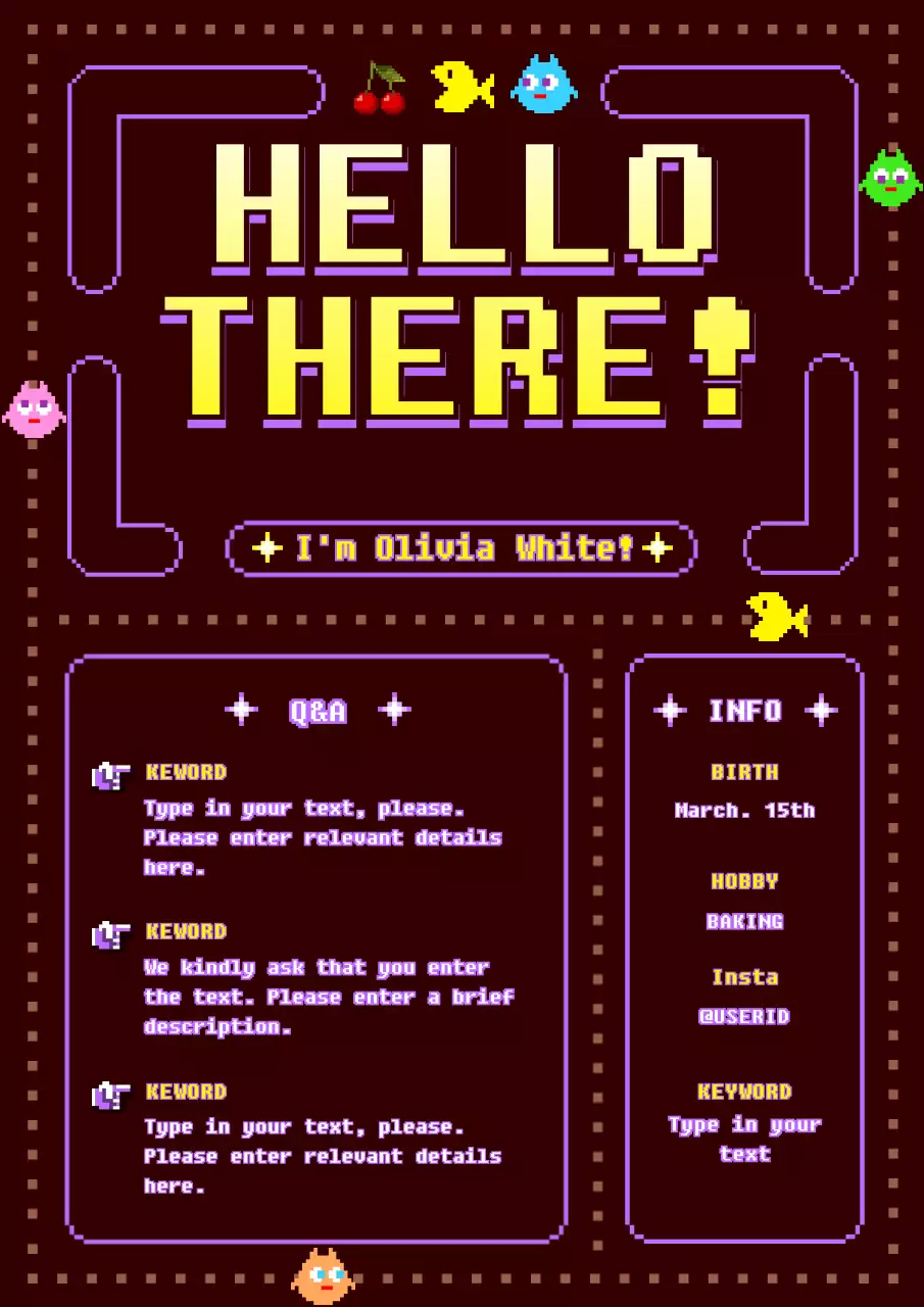 A cute, classic game concept in red, brown, purple, and yellow.