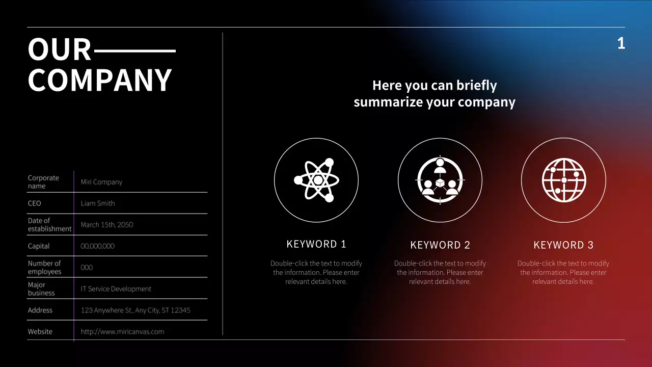 IR presentation with black, blue and red gradient business concept