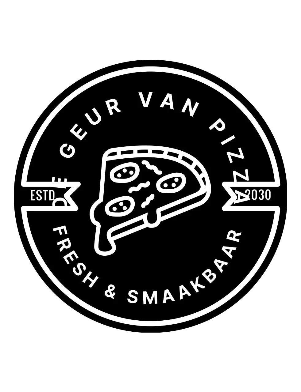 Symbolische logo-pizza met zwarte, strakke vintage badge