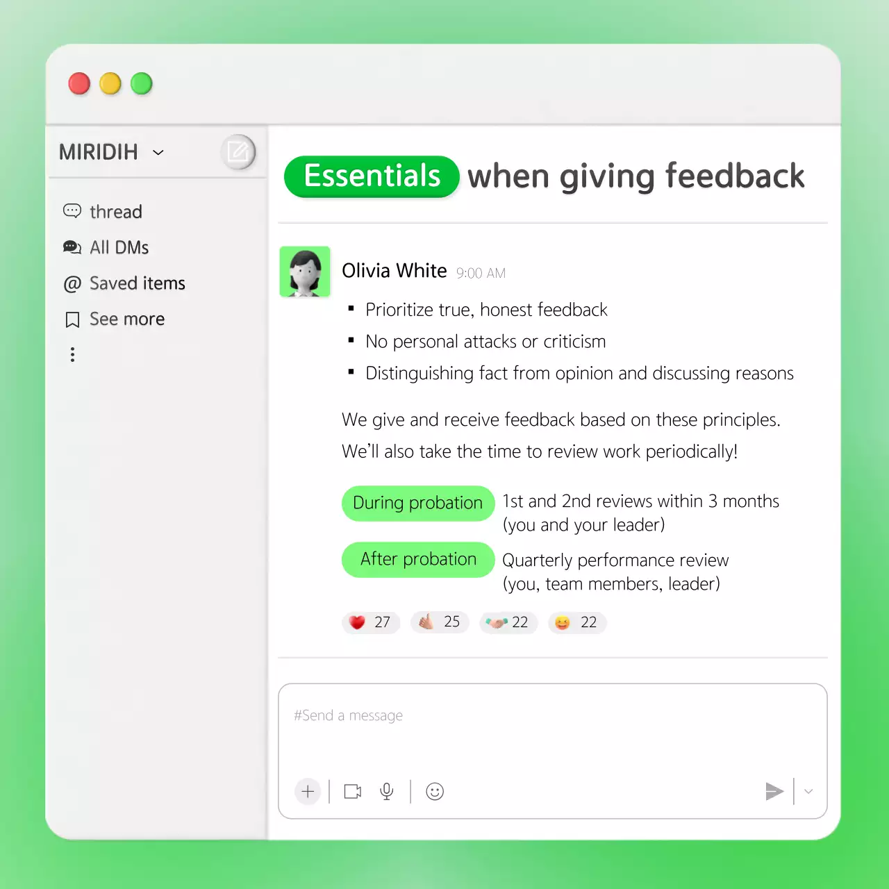 Business feedback with a neon green internal chat window concept