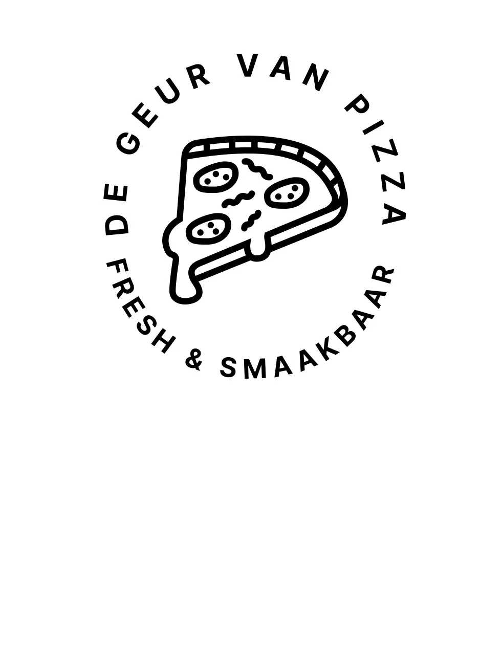 Symbolische logo-pizza met zwarte, strakke vintage badge