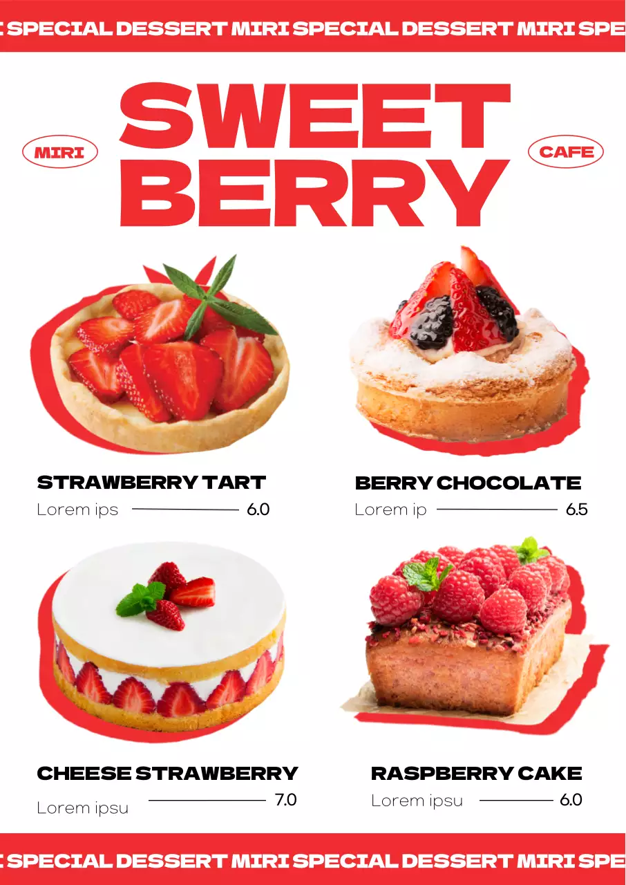 Menu makanan penutup kafe yang trendi dengan aksen warna merah dan stroberi yang menyegarkan foto makanan penutup