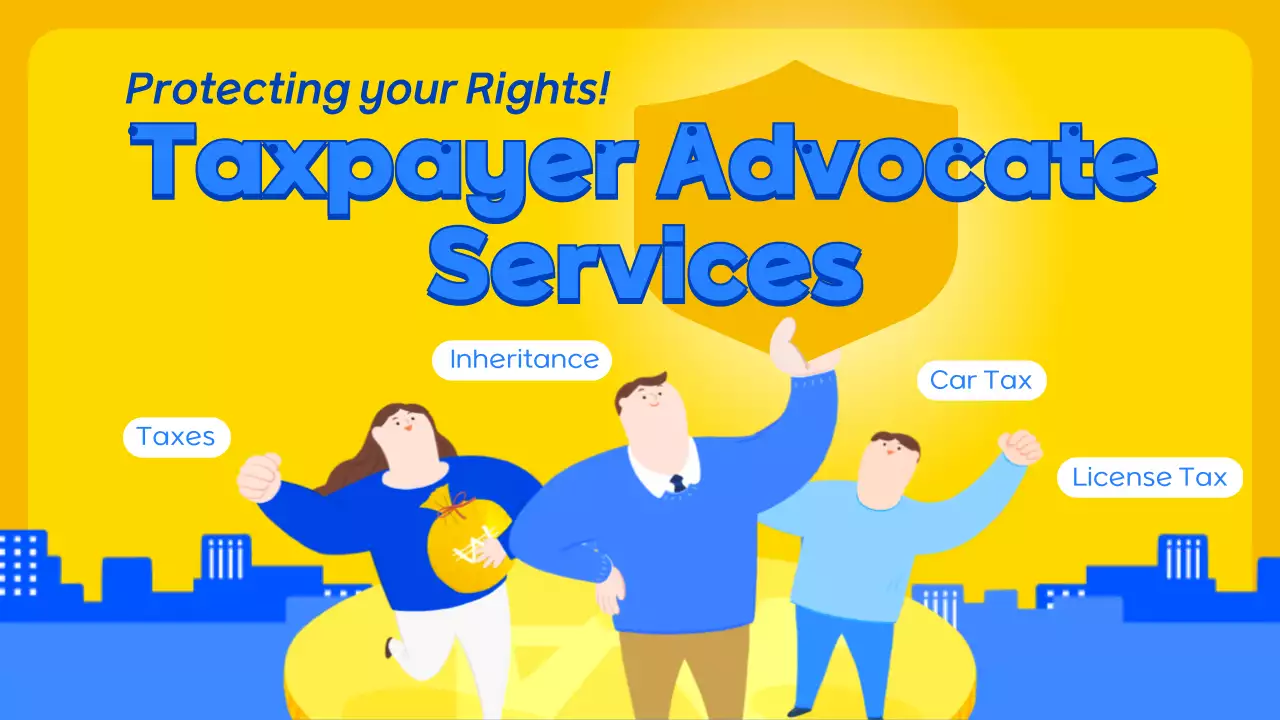 Taxpayer Advocate information in a yellow-blue coin illustration concept