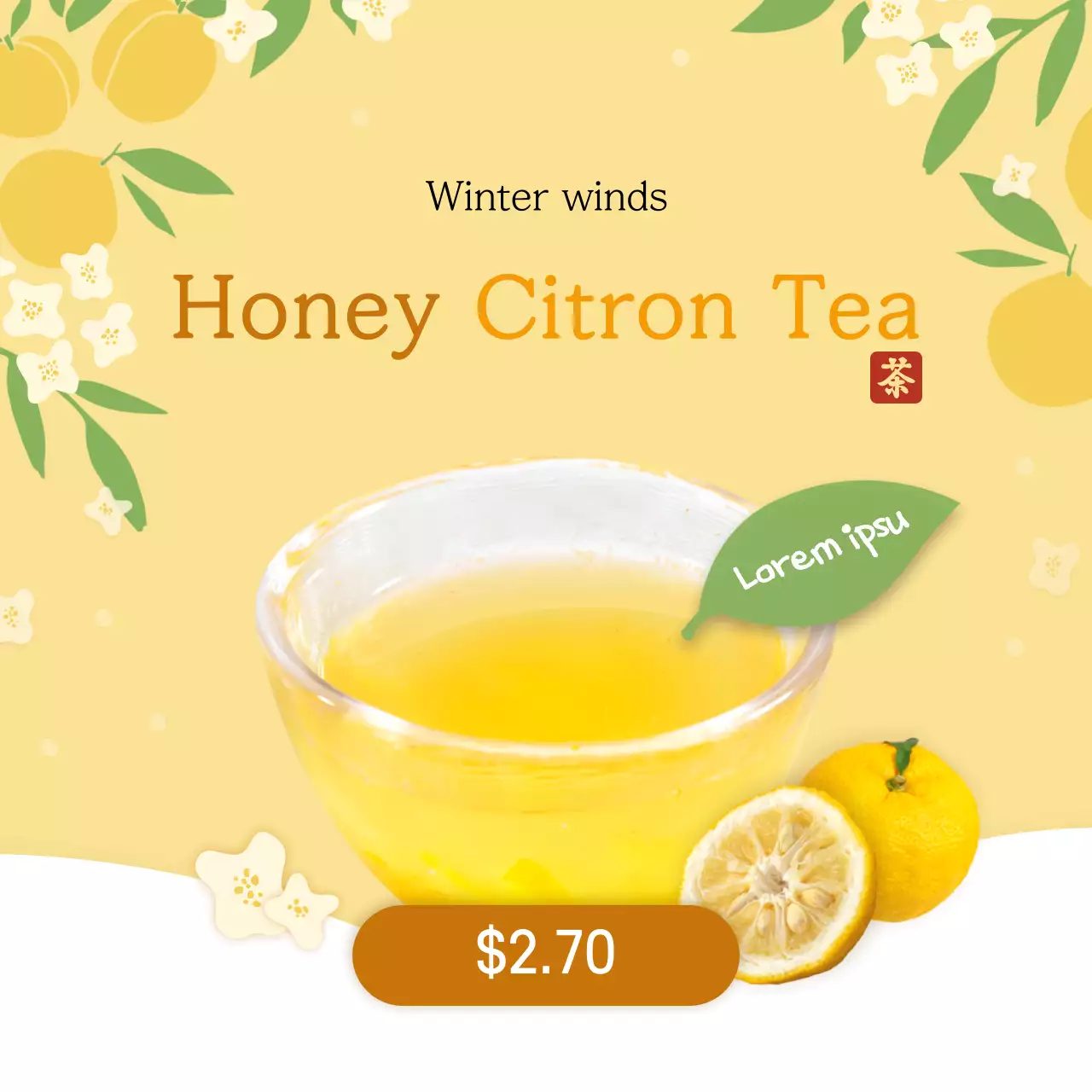 Yuzu tea drink with yellow flower illustration background Social