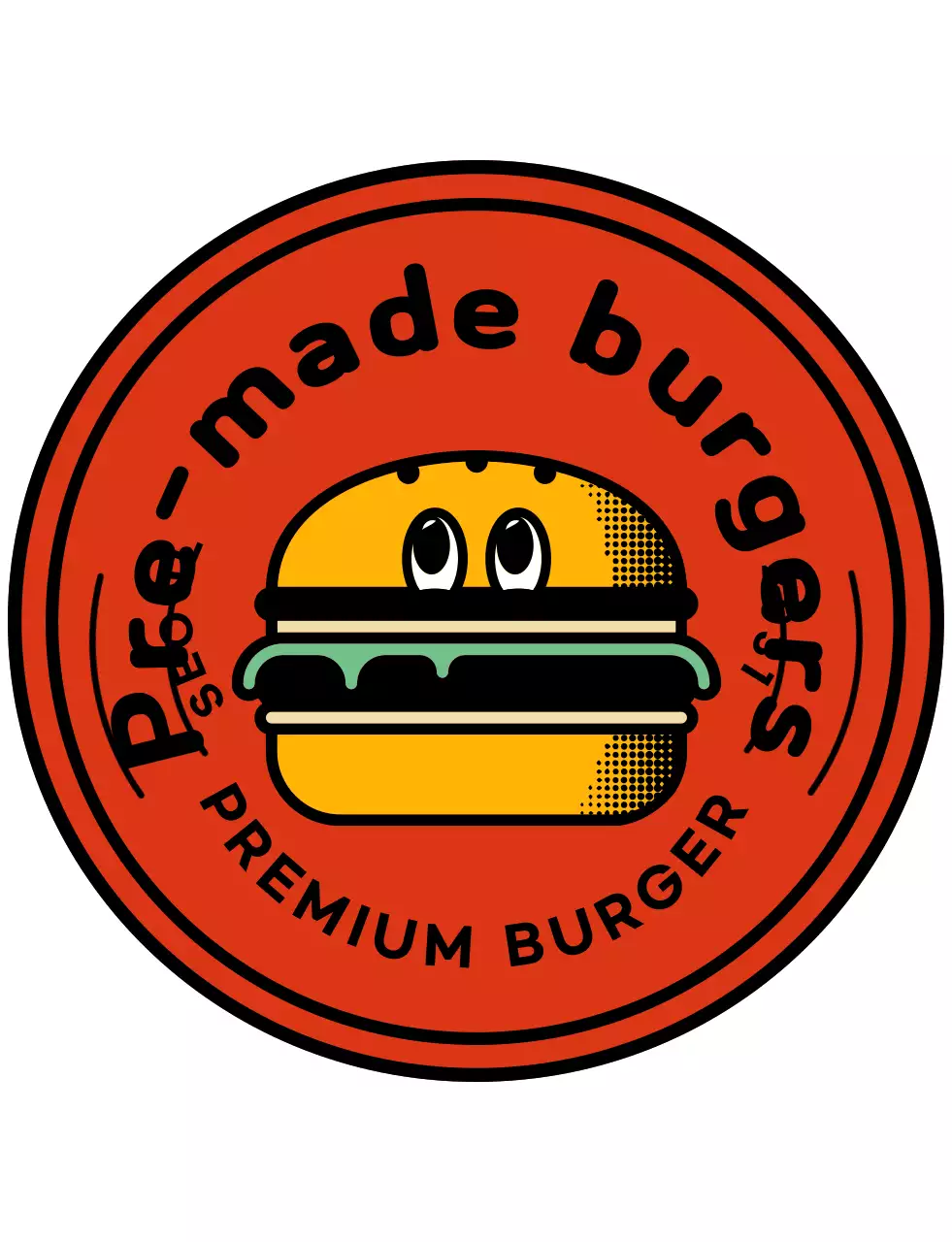 A burger with a cute red and orange character logo