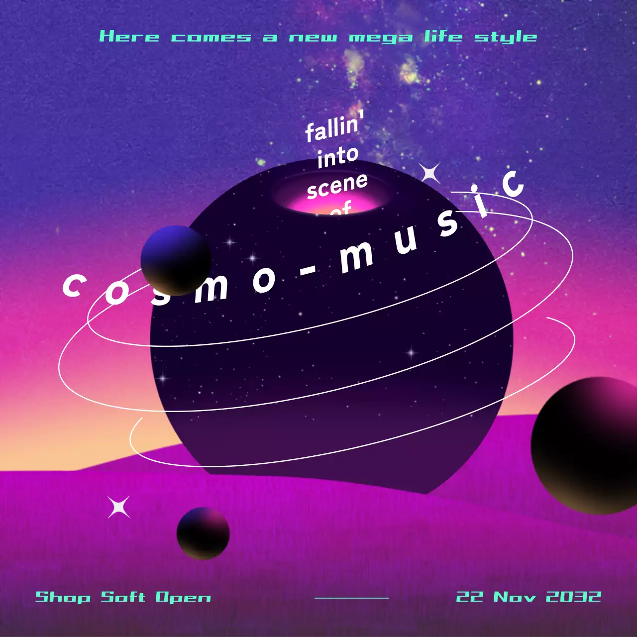 紫 サイバー 音楽 ポスター SNS投稿 正方形