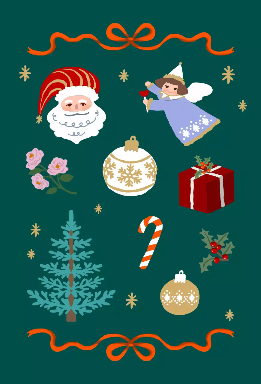 Christmas Ornaments Holiday Card with Cute Illustrations in Green Color