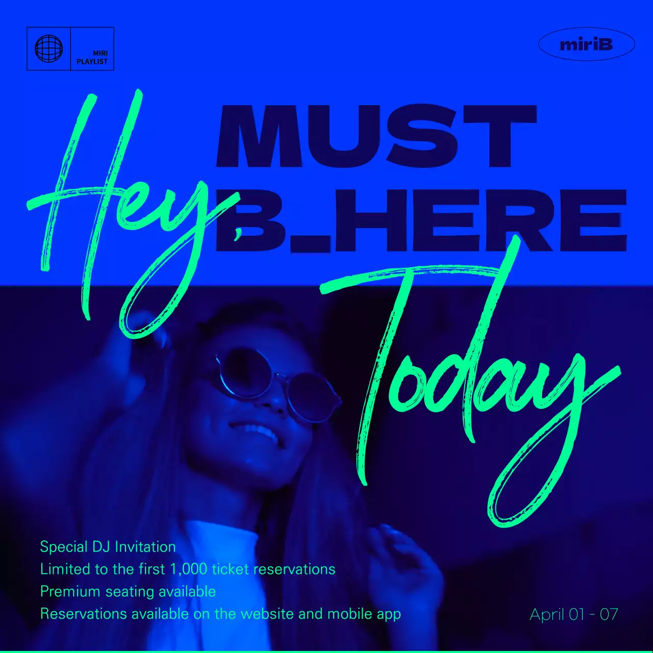 네온 파란색과 연두색의 힙한 클럽 이벤트 안내