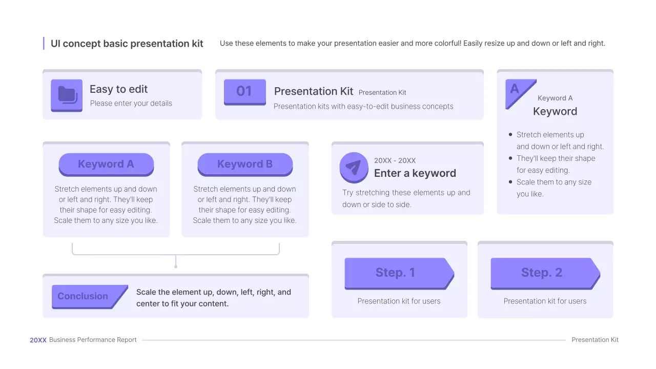 Purple, three-dimensional UI concept business presentation kit