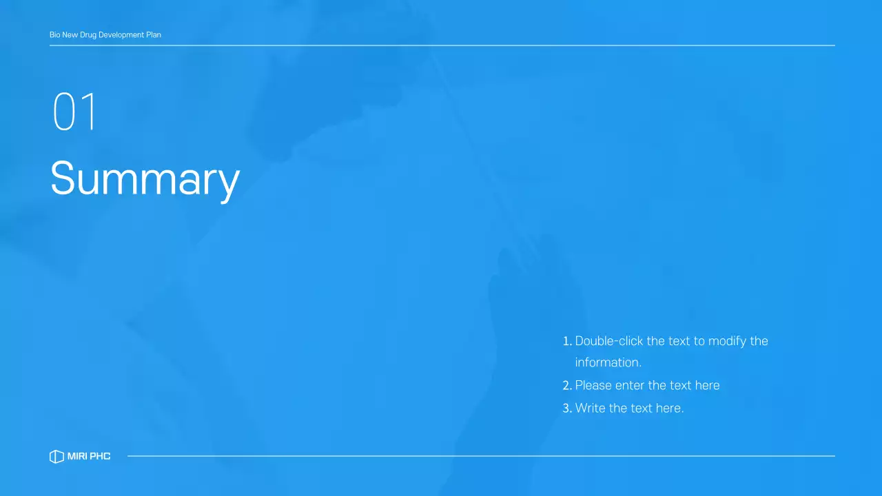 A clean, blue-toned drug development business plan for a pharmaceutical company.