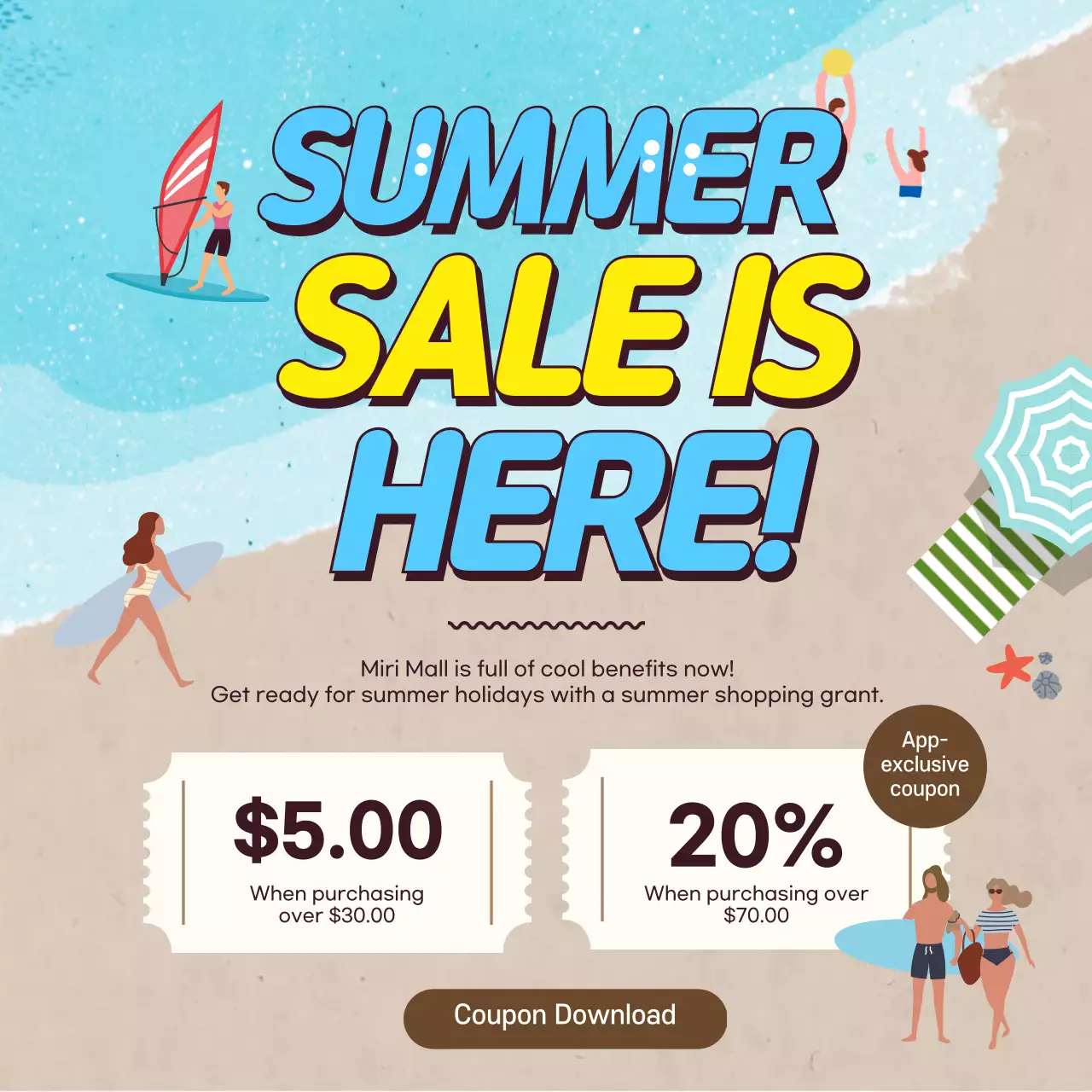 Blue and Brown Illustrated Summer Coupon Event