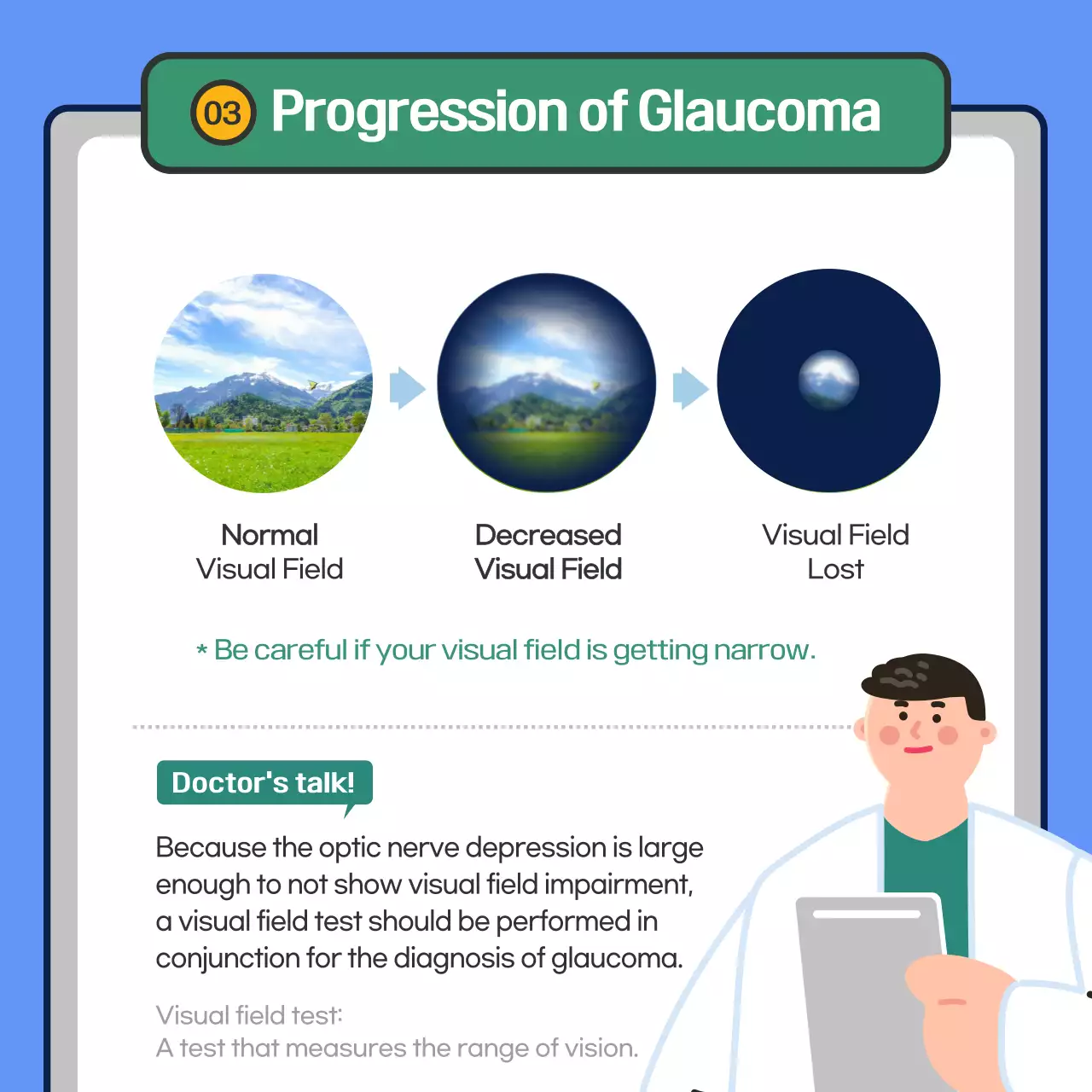 Provides glaucoma information in blue text highlighting