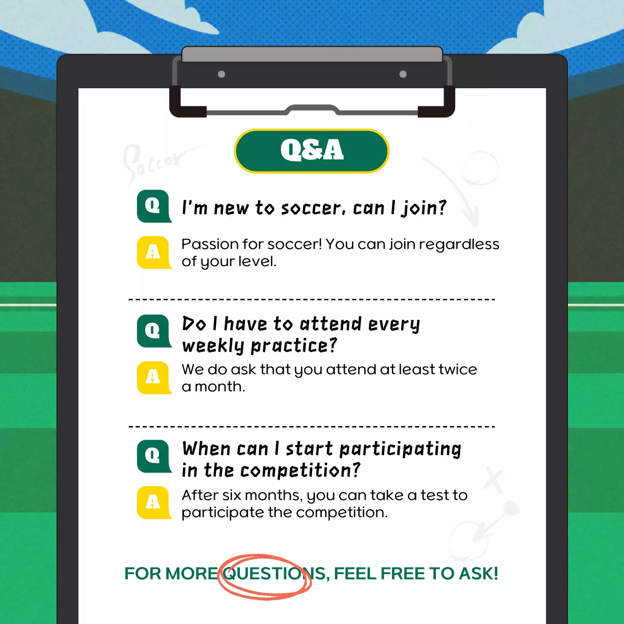 A simple green and blue soccer get-together Q&A post
