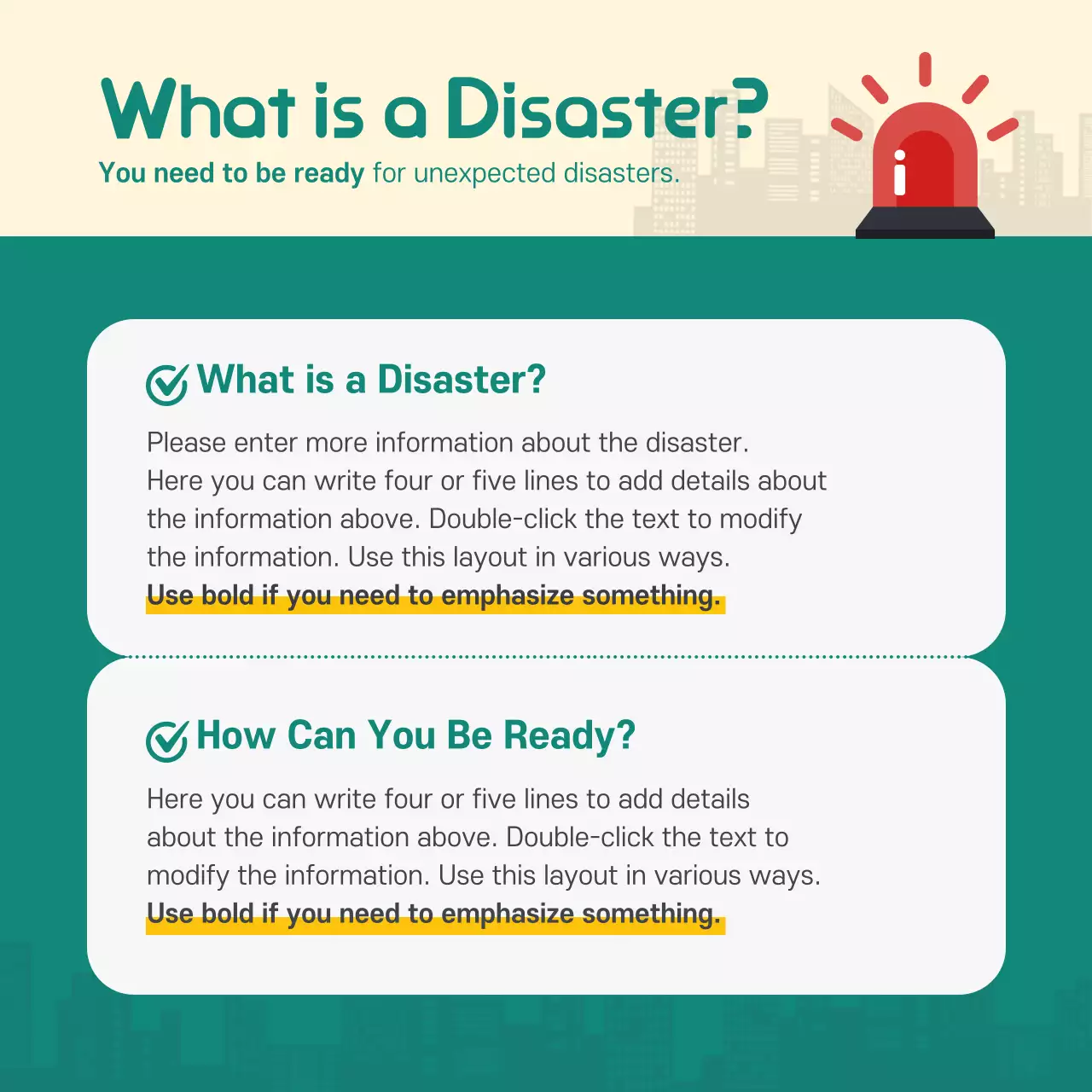 Turquoise disaster preparedness guidebook cardnews design