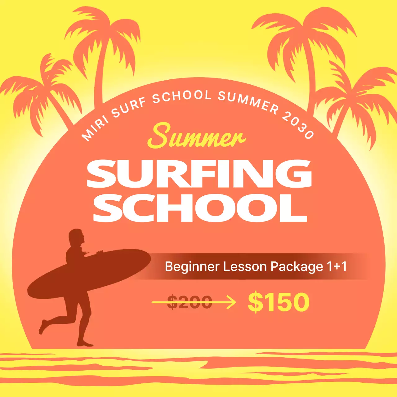 주황색과 노랑의 심플한 서핑강습 오픈 홍보