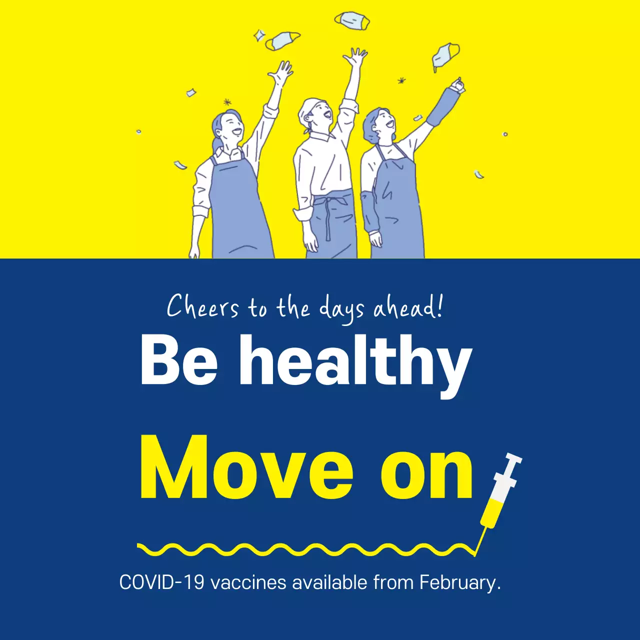 Ilustrasi kuning biru tua dengan vaksin korona yang rapi