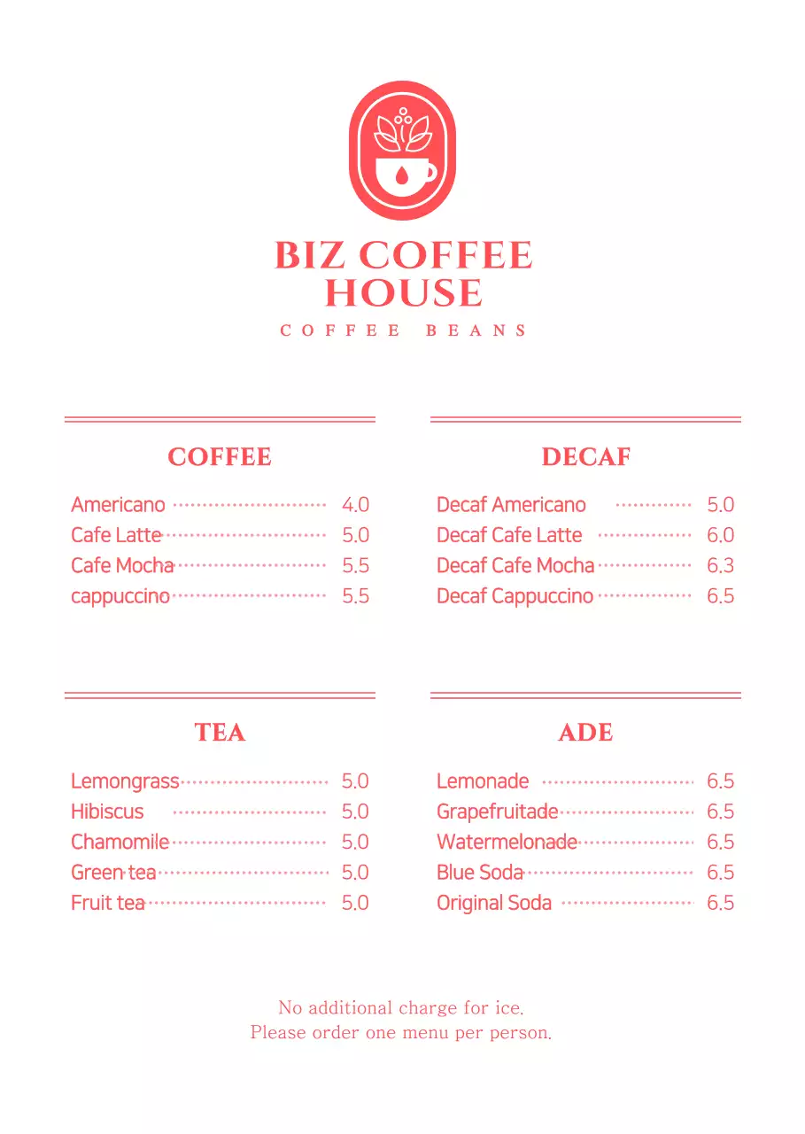 Harga menu untuk kafe berkonsep merah dan putih yang sederhana