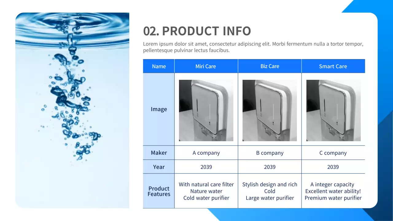 A blue and white, clean water purifier rental quote report