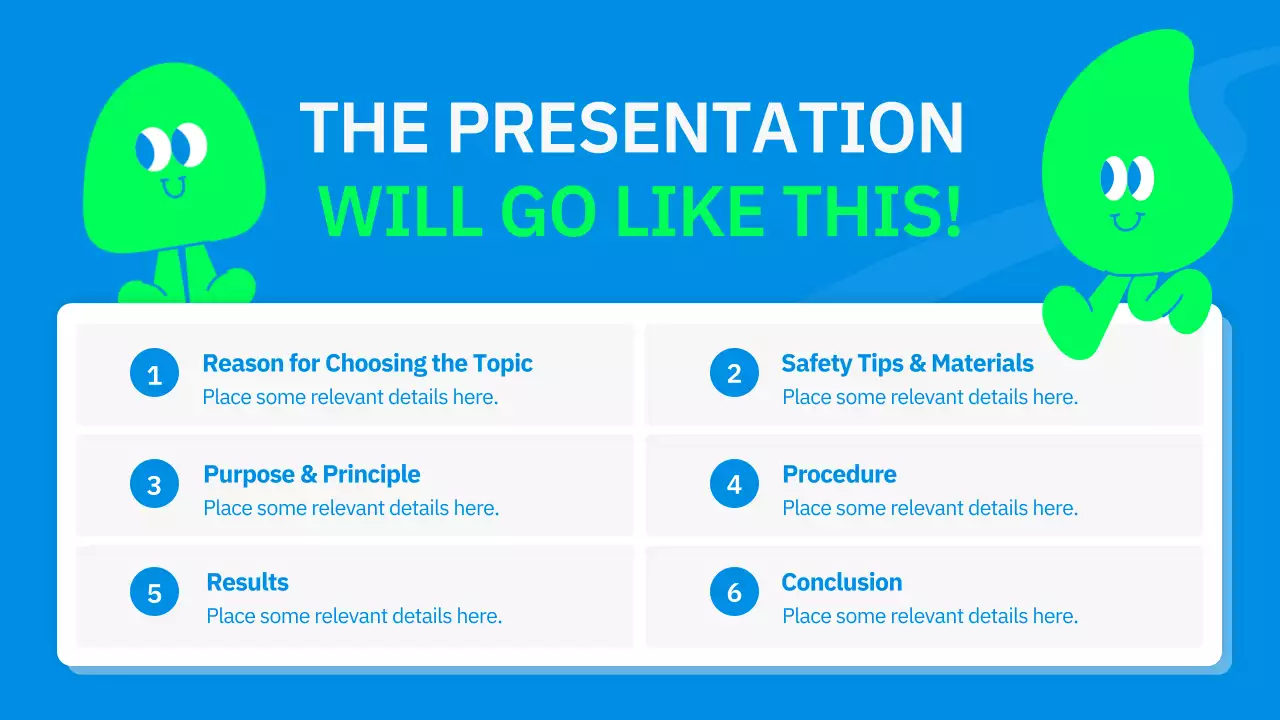 Relatório de experiência científica de personagem giro em azul e verde lima