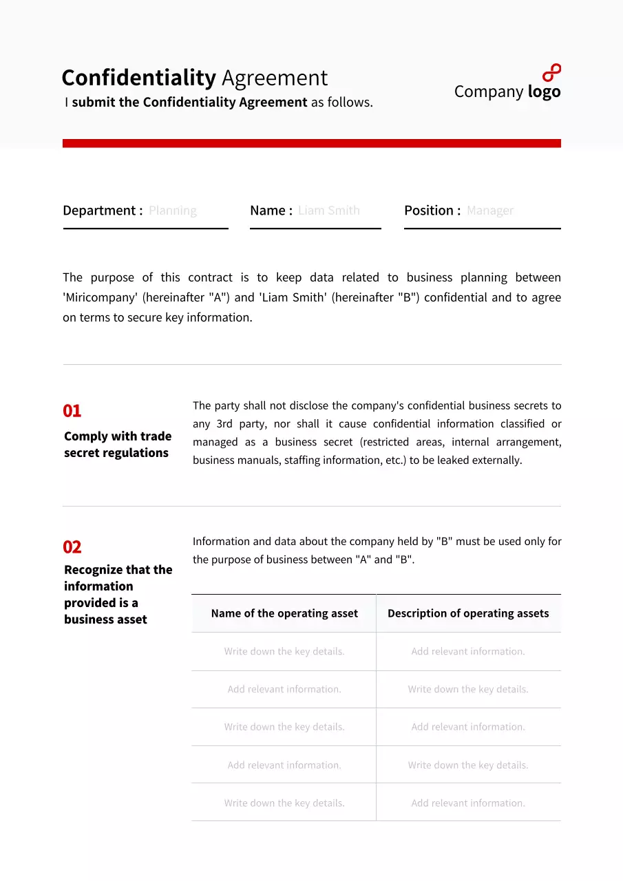 Business confidentiality agreement with a simple red table