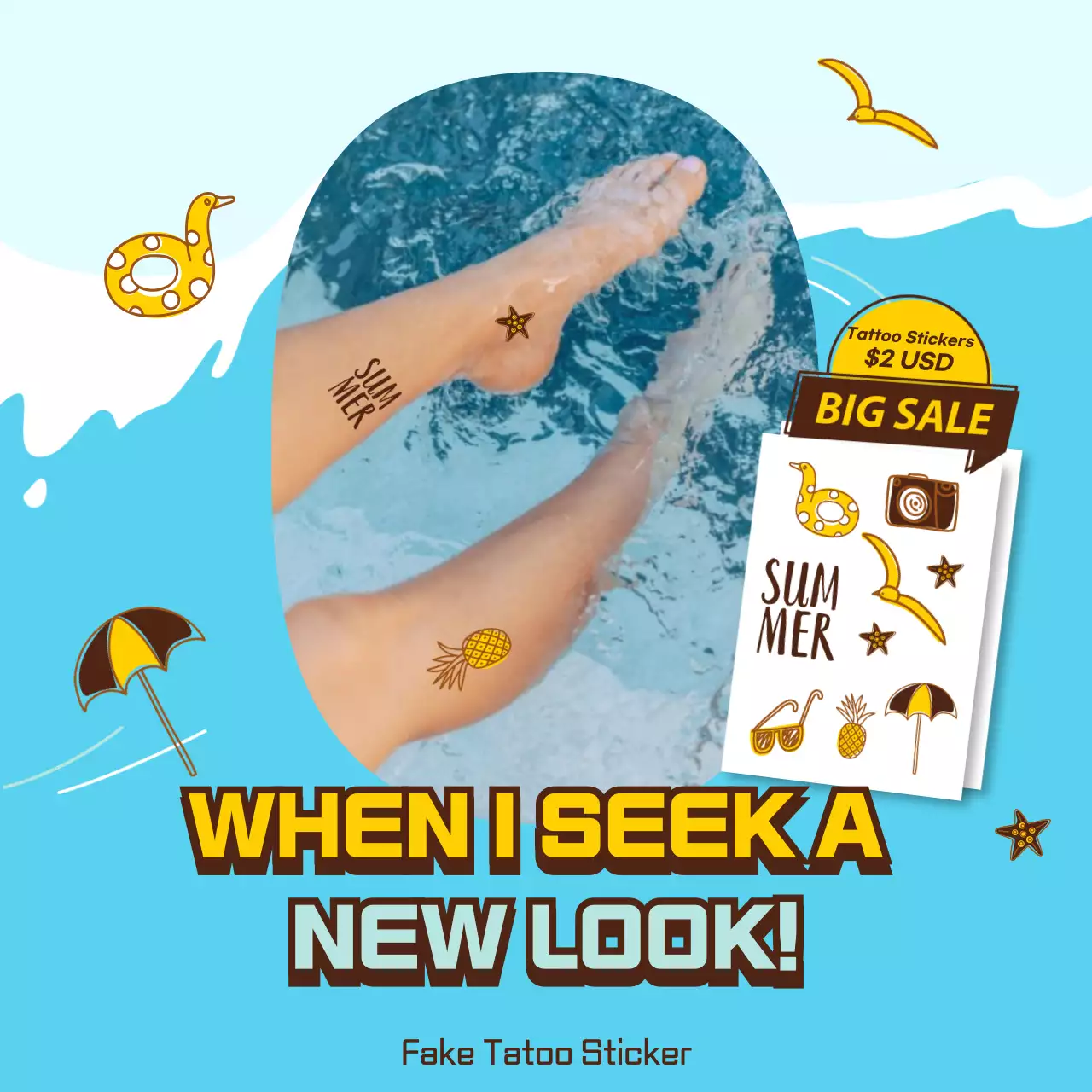 Fake tattoo stickers with a cheerful summer ocean wave illustration concept