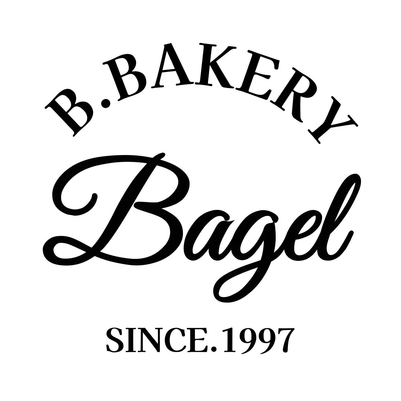 The name of a bakery shop with black cursive and cursive English text.