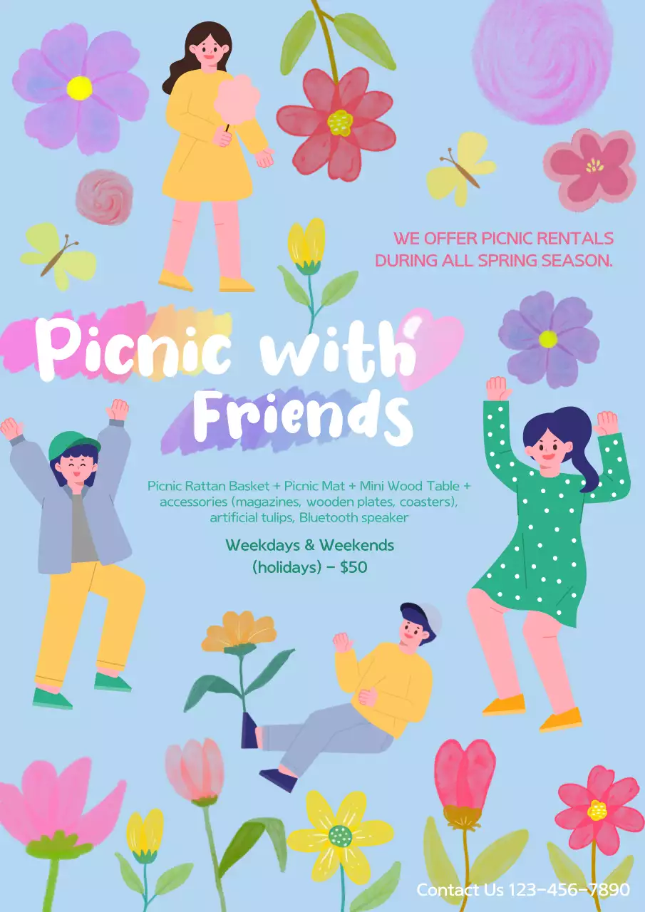 블루 플로럴 피크닉 프로모션 포스터