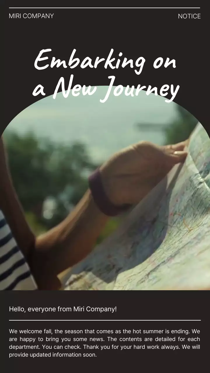 블랙을 배경으로 한 새로운 여정을 시작하는 회사 사내 안내문