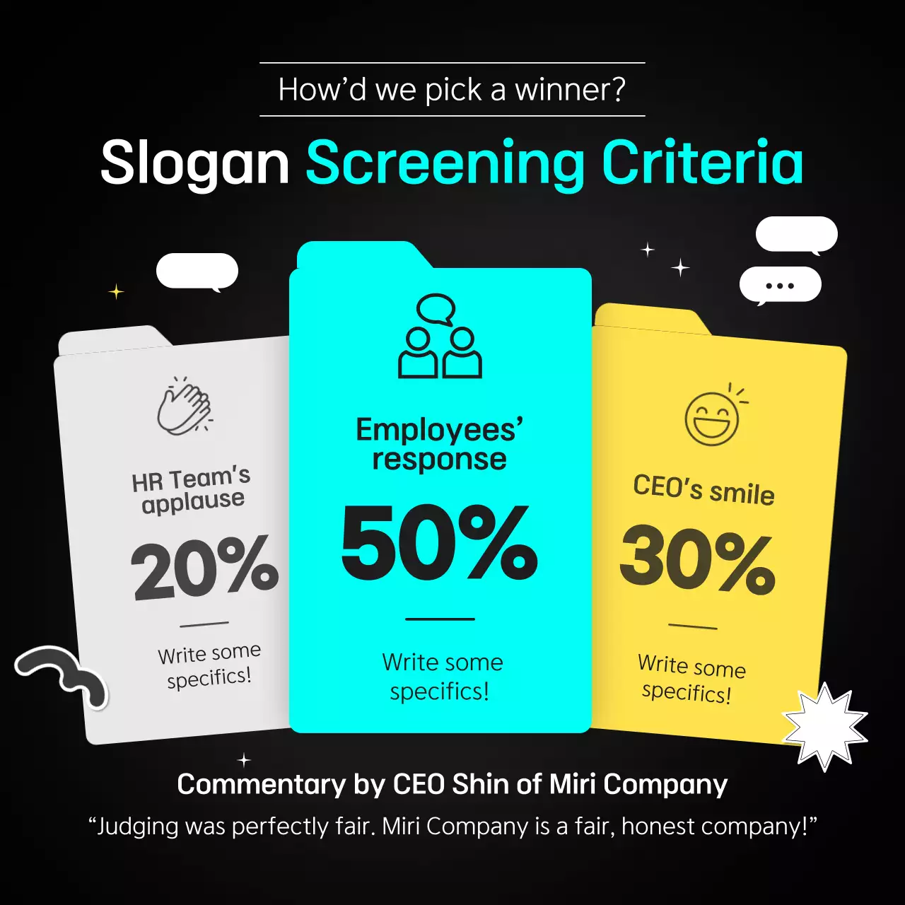 Slogan winners announced in black and white with light blue and yellow accents CardNews