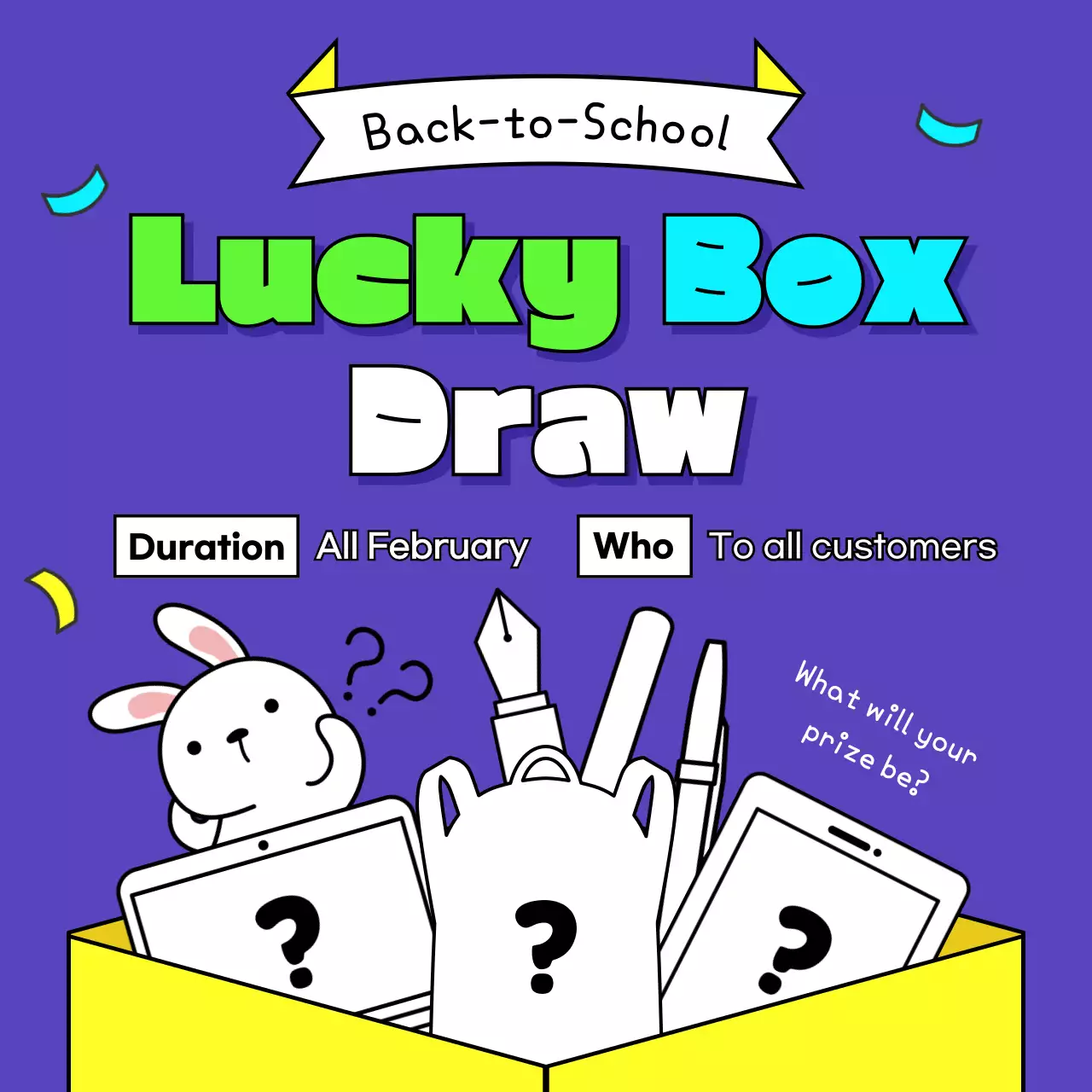 Lucky box raffle event with neon blue cute prize concept