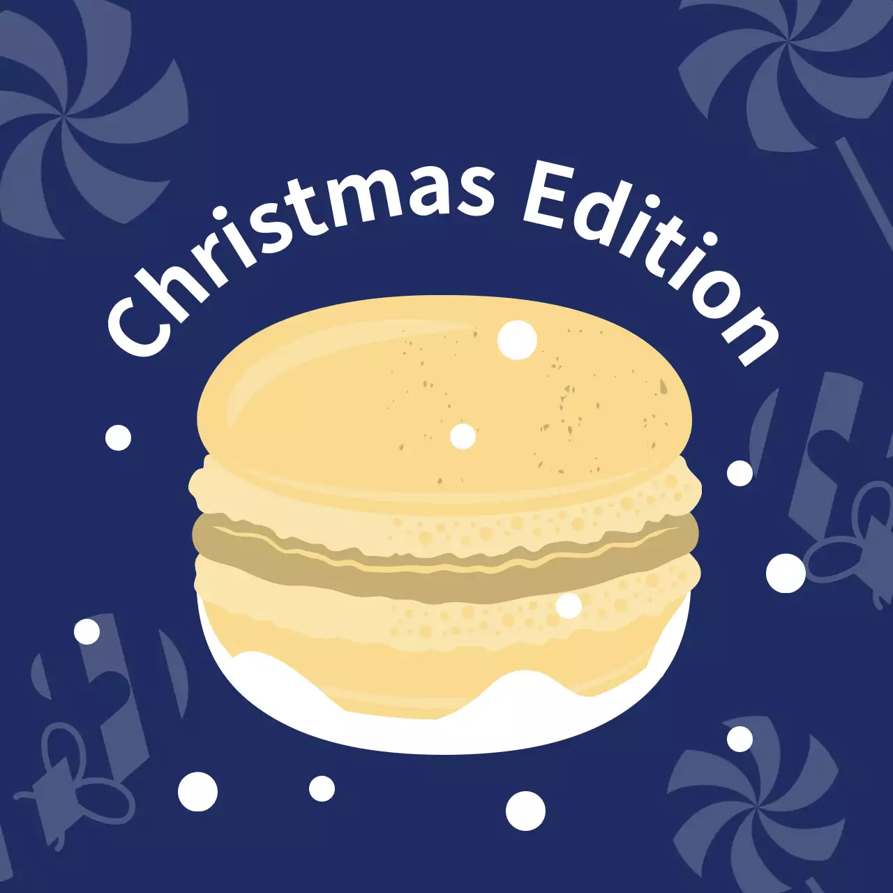 Ilustrasi biru tua kuning ilustrasi lucu label macaron makanan penutup kafe Natal untuk macaron