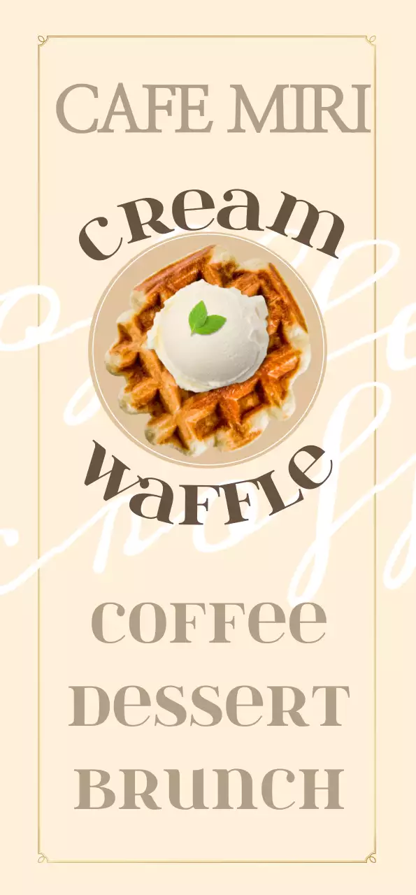 A cursive cafe banner with a waffle with warm bread and dessert.