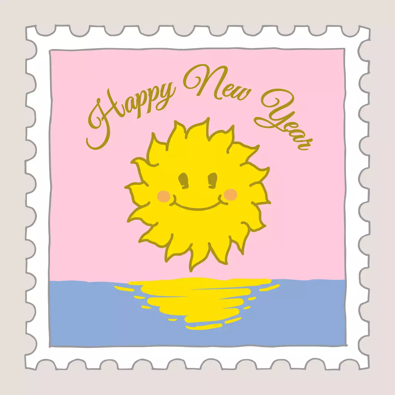 Carimbo de Ano Novo com ilustração de um sol cor-de-rosa e amarelo