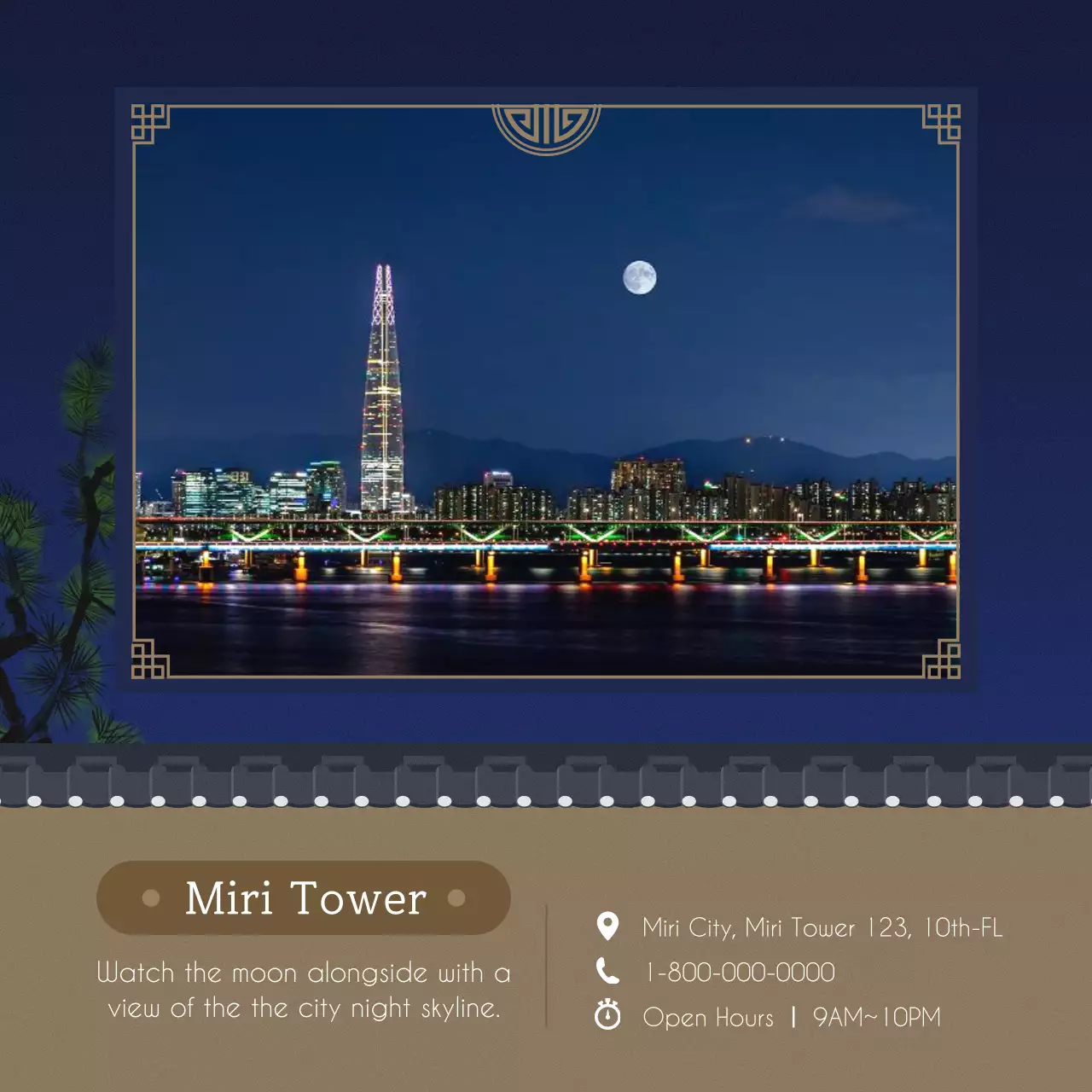 Introduction to the moon viewing spots with traditional blue and yellow backgrounds