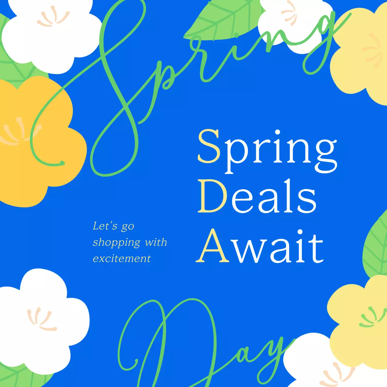 Promote spring shopping with a yellow cherry blossom illustration on a blue background