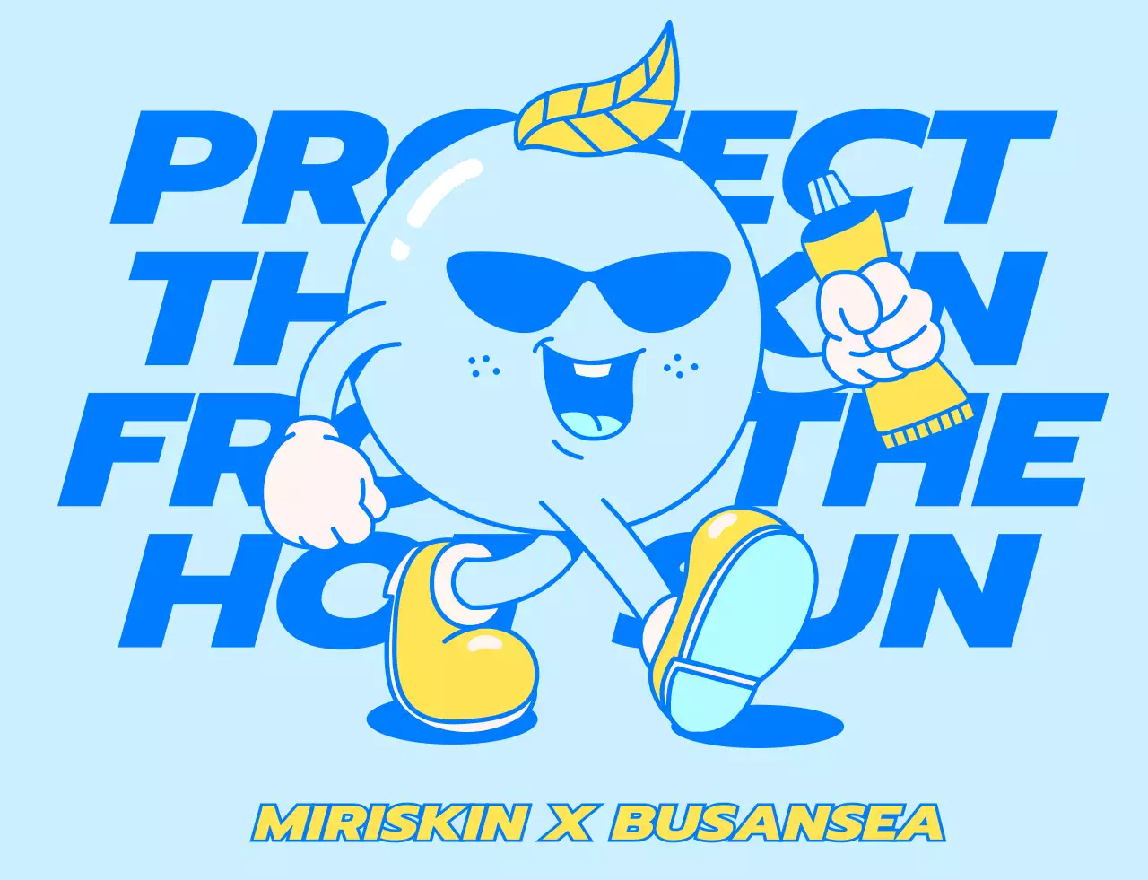 Design for cosmetics company pop-up store staff with blue and yellow walking characters