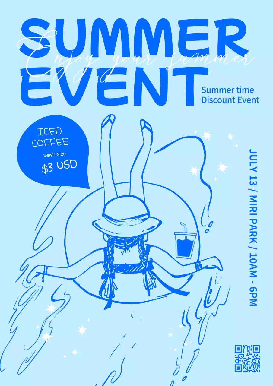 하늘색과 파란색의 시원한 수영장에서 튜브를 타고있는 소녀