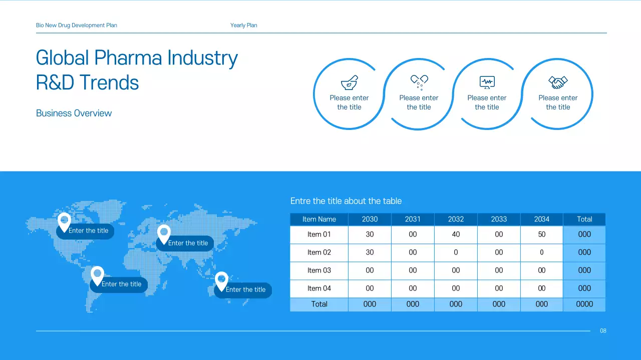 A clean, blue-toned drug development business plan for a pharmaceutical company.